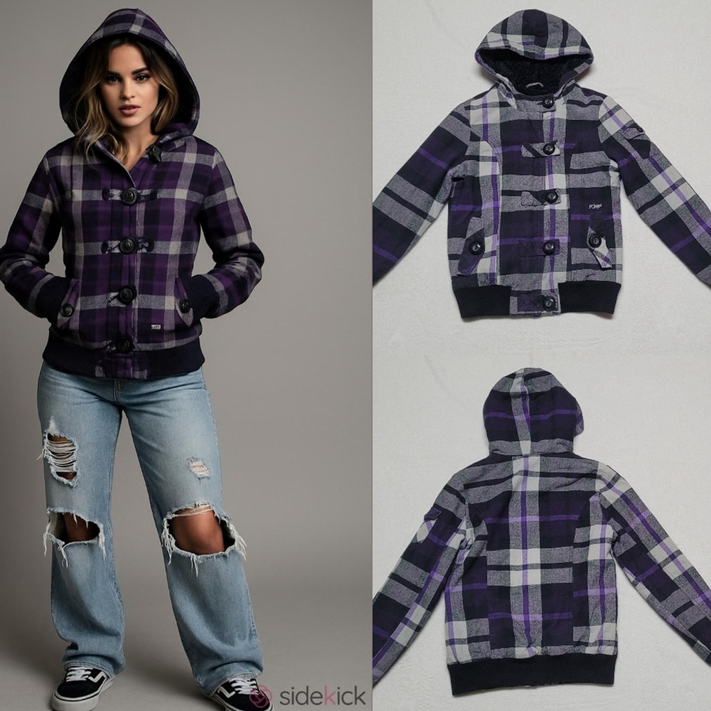 Fox Vintage Y2K Purple Plaid Flannel Black Faux Fur Lined Hooded Bomber Jacket
